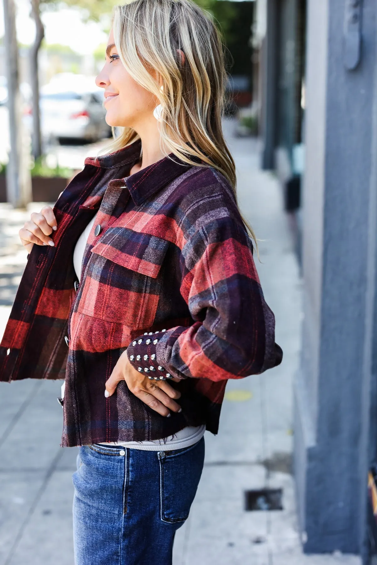 Burgundy & Rust Plaid Studded Cropped Shacket