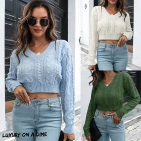 Cable Knit Crop Top V-neck Long Sleeve Minimalist Pullover Sweater Shirt