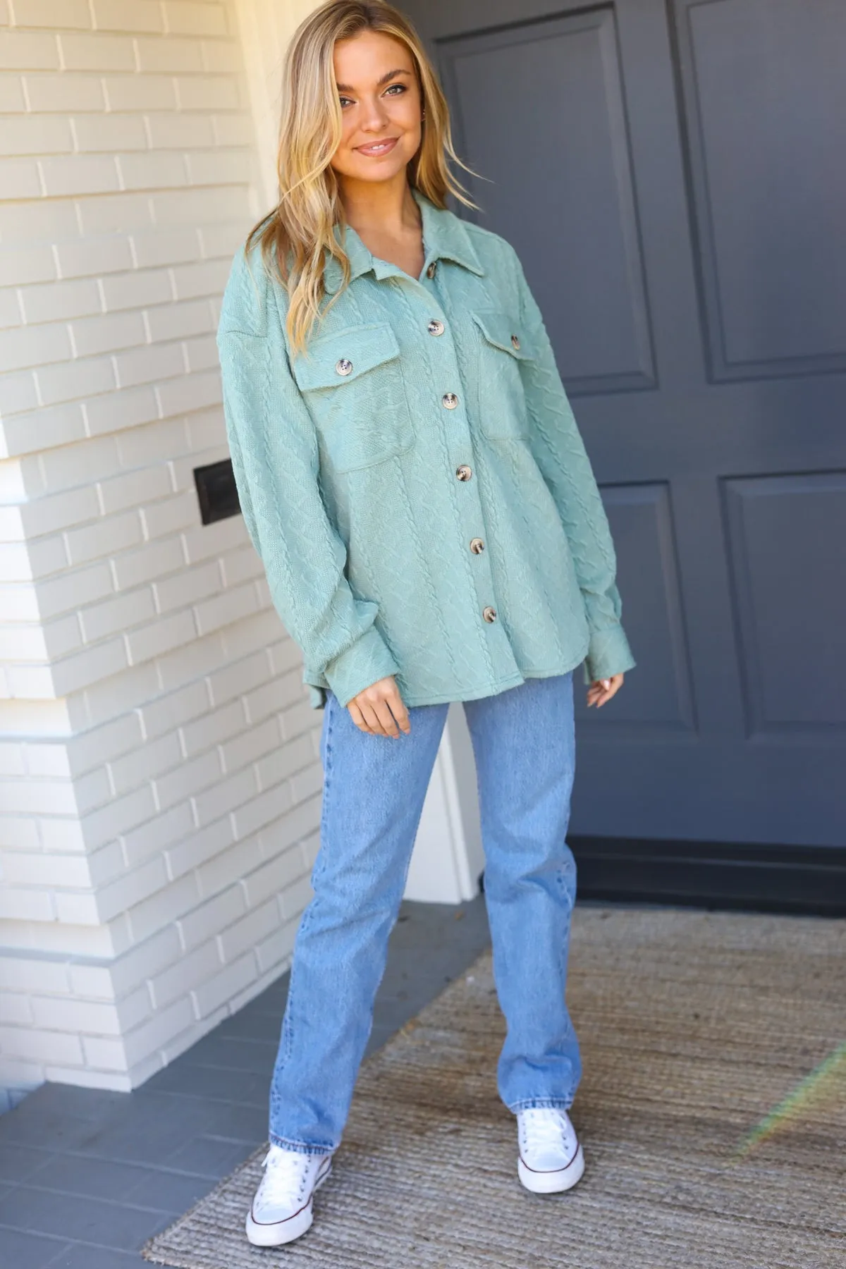 Casual Savvy Sage Cable Knit Button Down Shacket