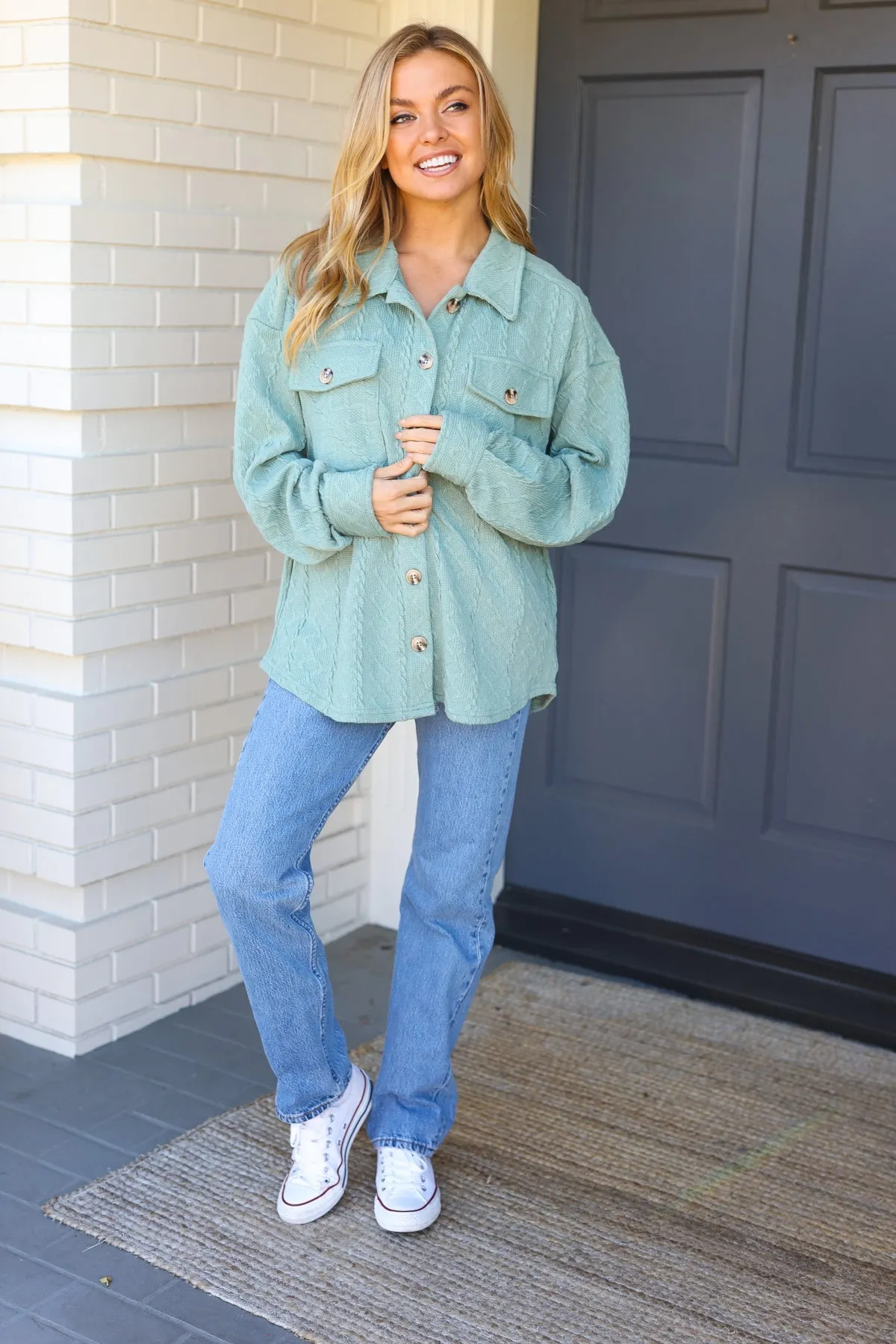 Casual Savvy Sage Cable Knit Button Down Shacket