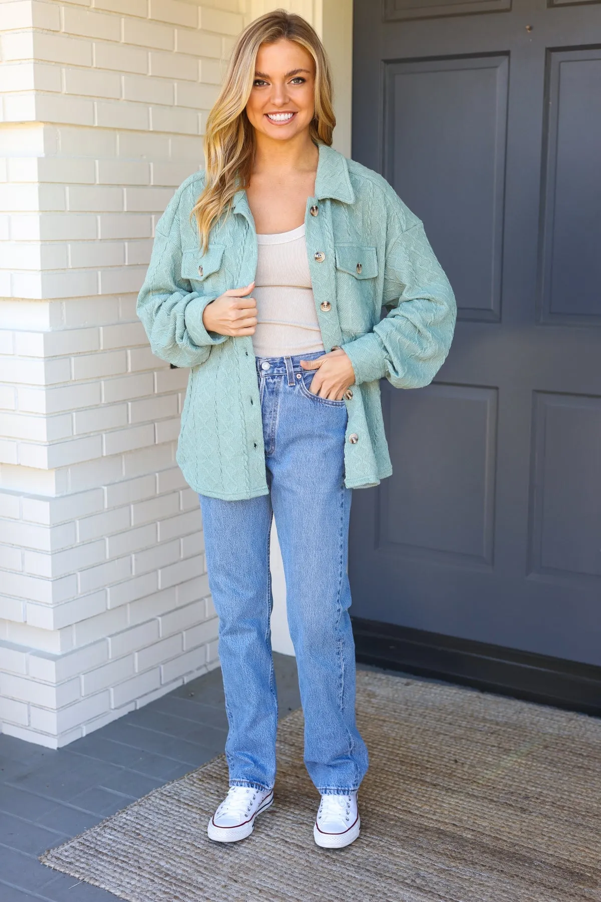 Casual Savvy Sage Cable Knit Button Down Shacket