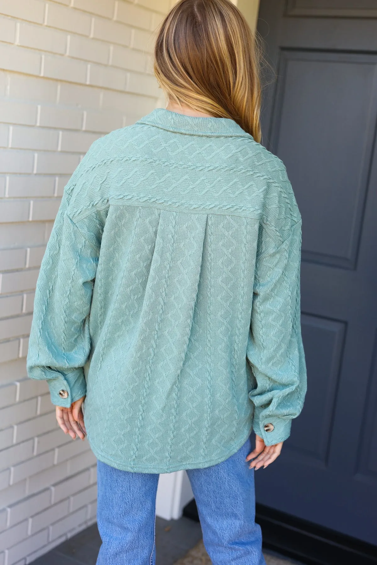 Casual Savvy Sage Cable Knit Button Down Shacket