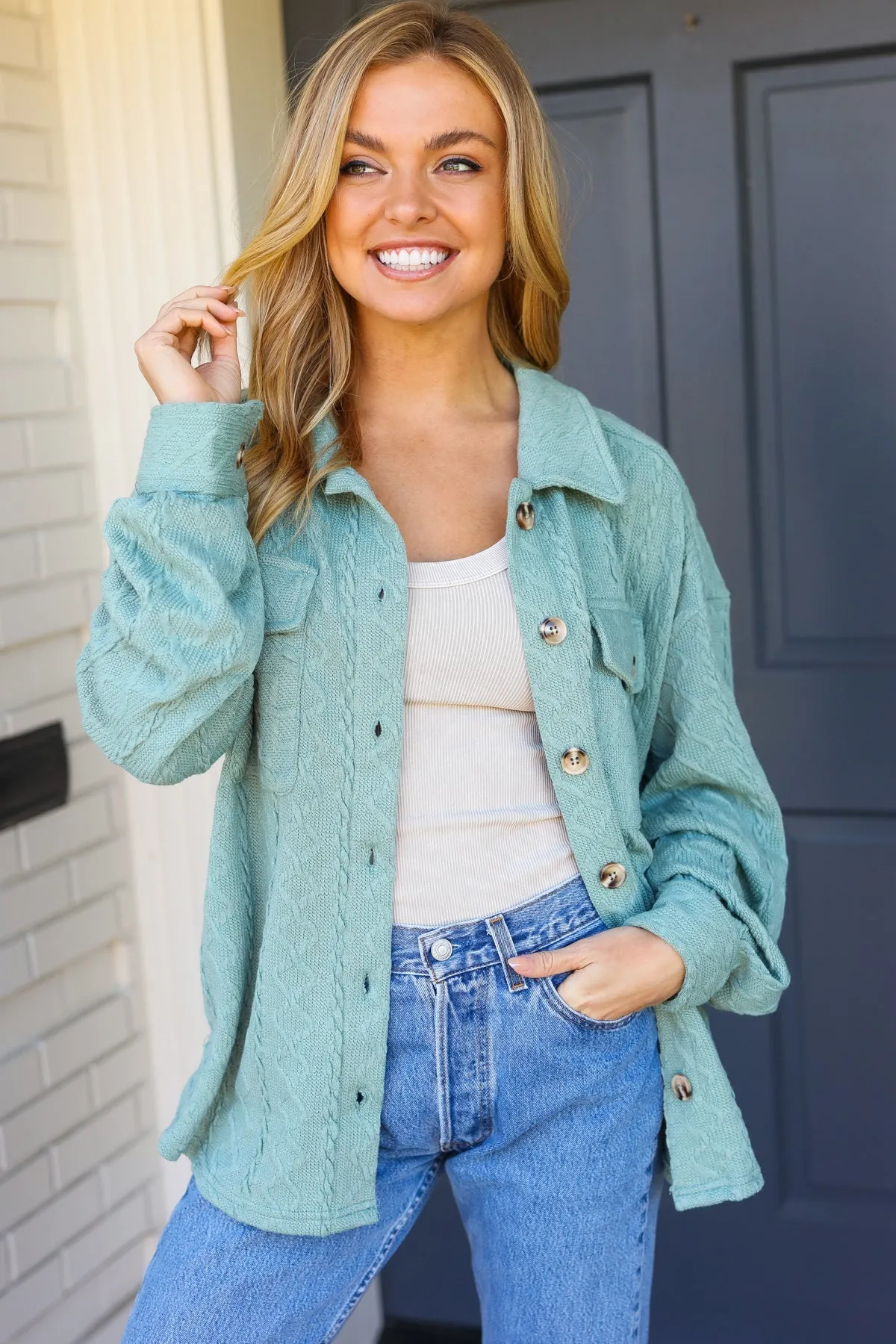 Casual Savvy Sage Cable Knit Button Down Shacket