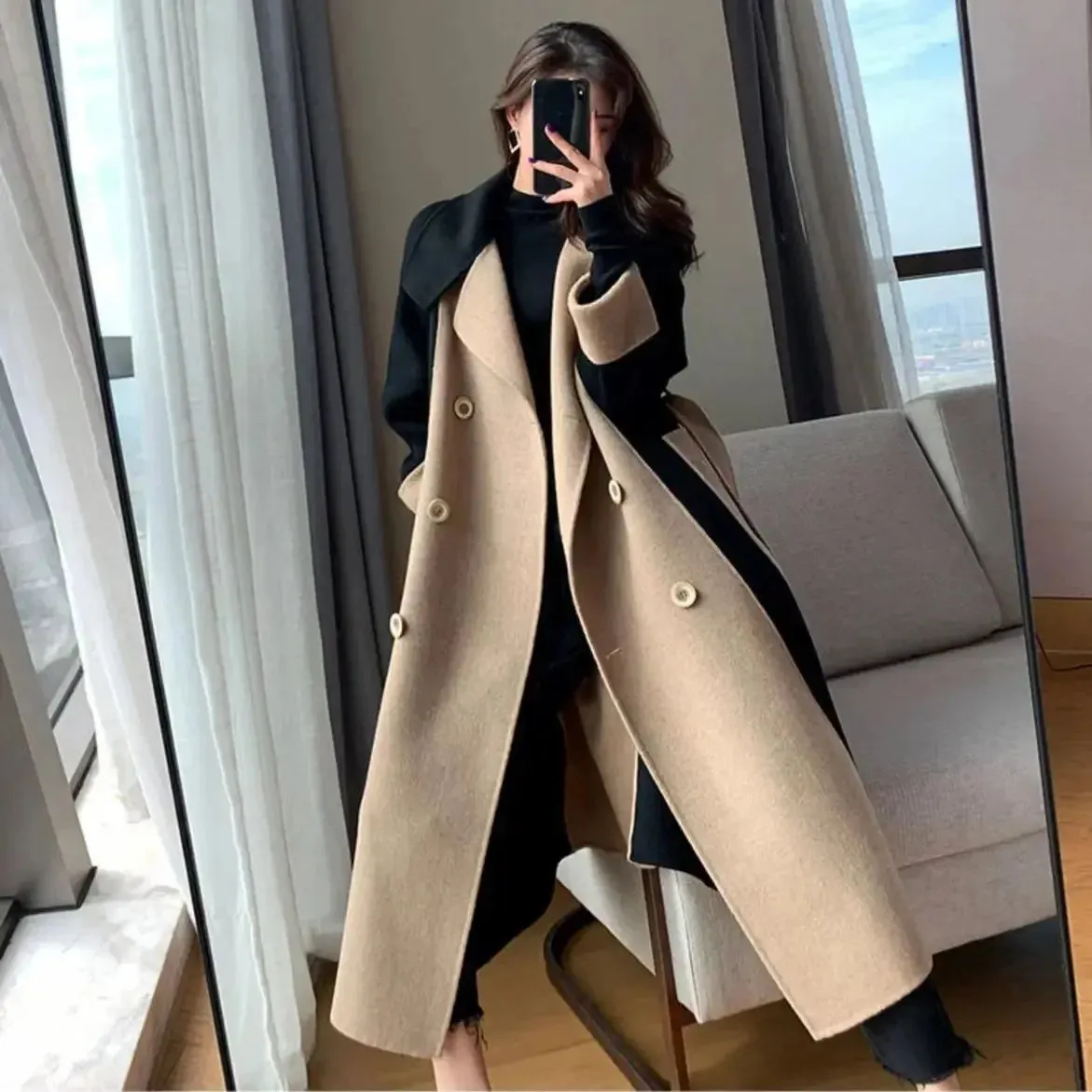 Chic Woolen Patchwork Double-breasted Anti-wrinkle Lapel Winter High Sense Elegant Stylish Coat