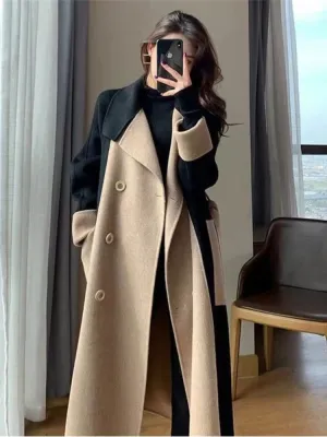 Chic Woolen Patchwork Double-breasted Anti-wrinkle Lapel Winter High Sense Elegant Stylish Coat