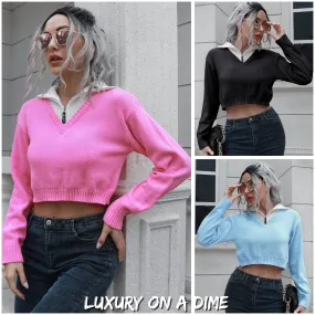 Collar Contrast Color Preppy Crop Top Long Sleeve Faux Layer Sweater Shirt