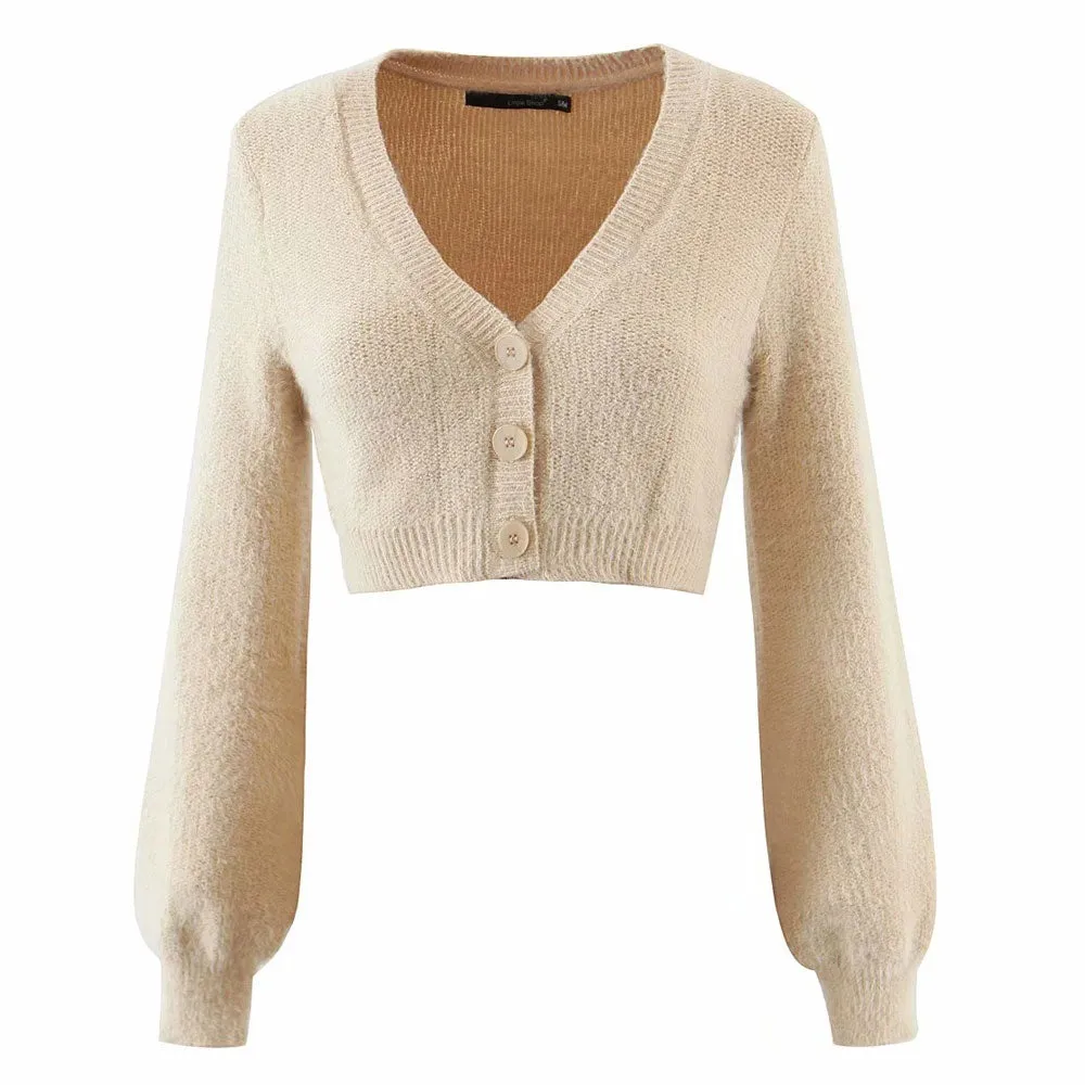 Cozy Khaki Rib Knit V Neck Button Up Eyelash Ultra Cropped Cardigan