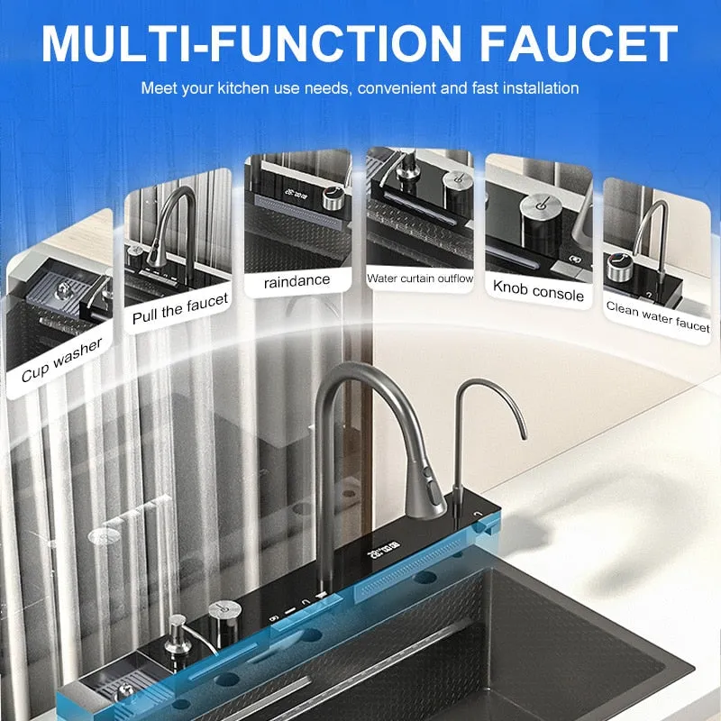 Digital Display Stainless Steel Kitchen Sink with Waterfall Faucet