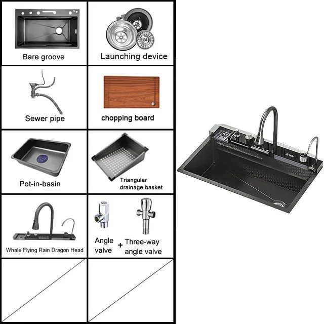 Digital Display Stainless Steel Kitchen Sink with Waterfall Faucet