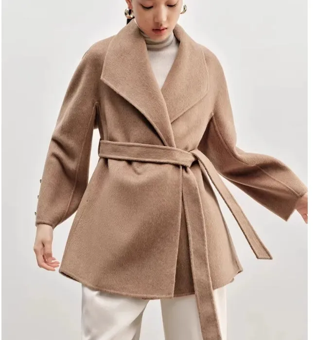 Elegant Camel Wrap Coat Wide Collar Tie Belt 0878