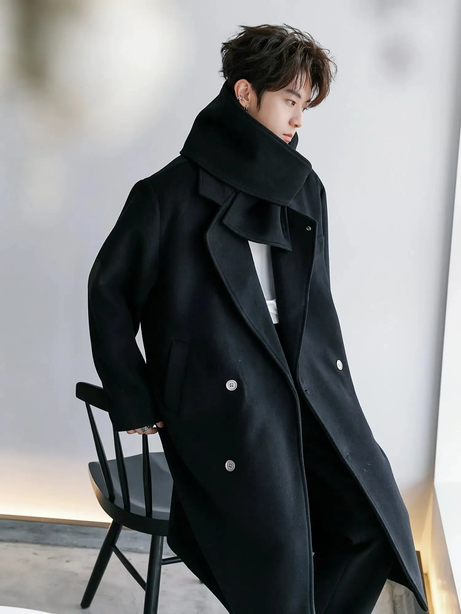 Elegant Double-Breasted Woolen Coat with Scarf