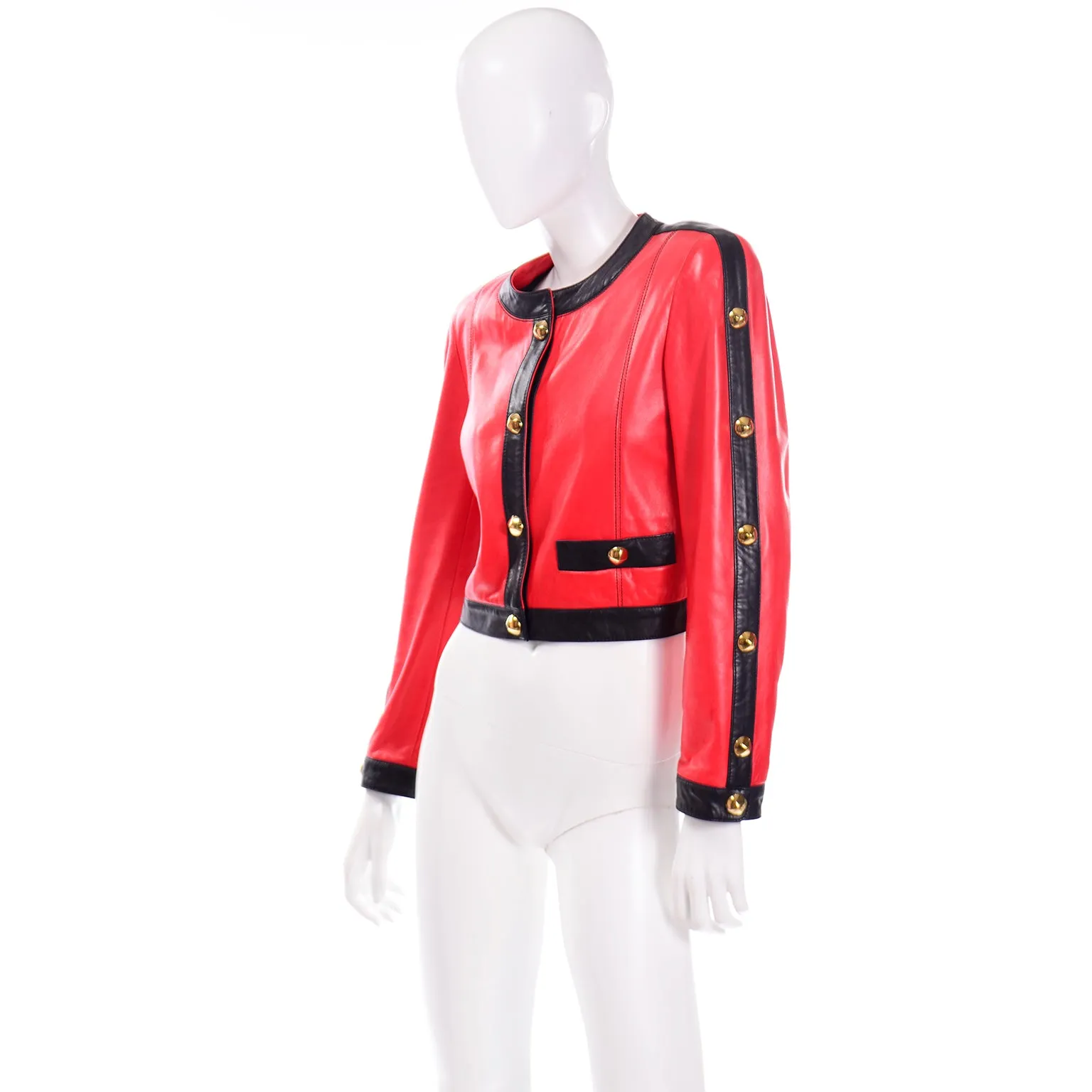 Escada by Margaretha Ley Vintage Red & Black Leather Jacket w Studs