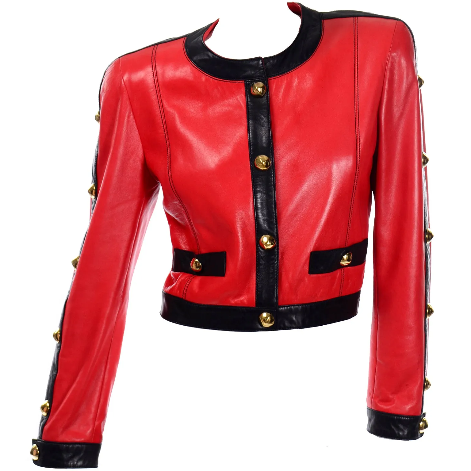 Escada by Margaretha Ley Vintage Red & Black Leather Jacket w Studs