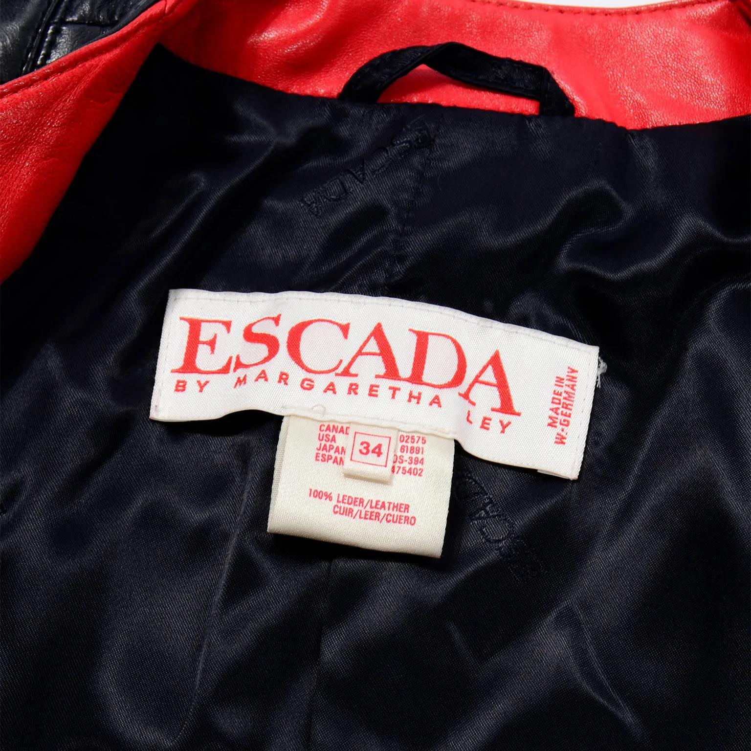 Escada by Margaretha Ley Vintage Red & Black Leather Jacket w Studs