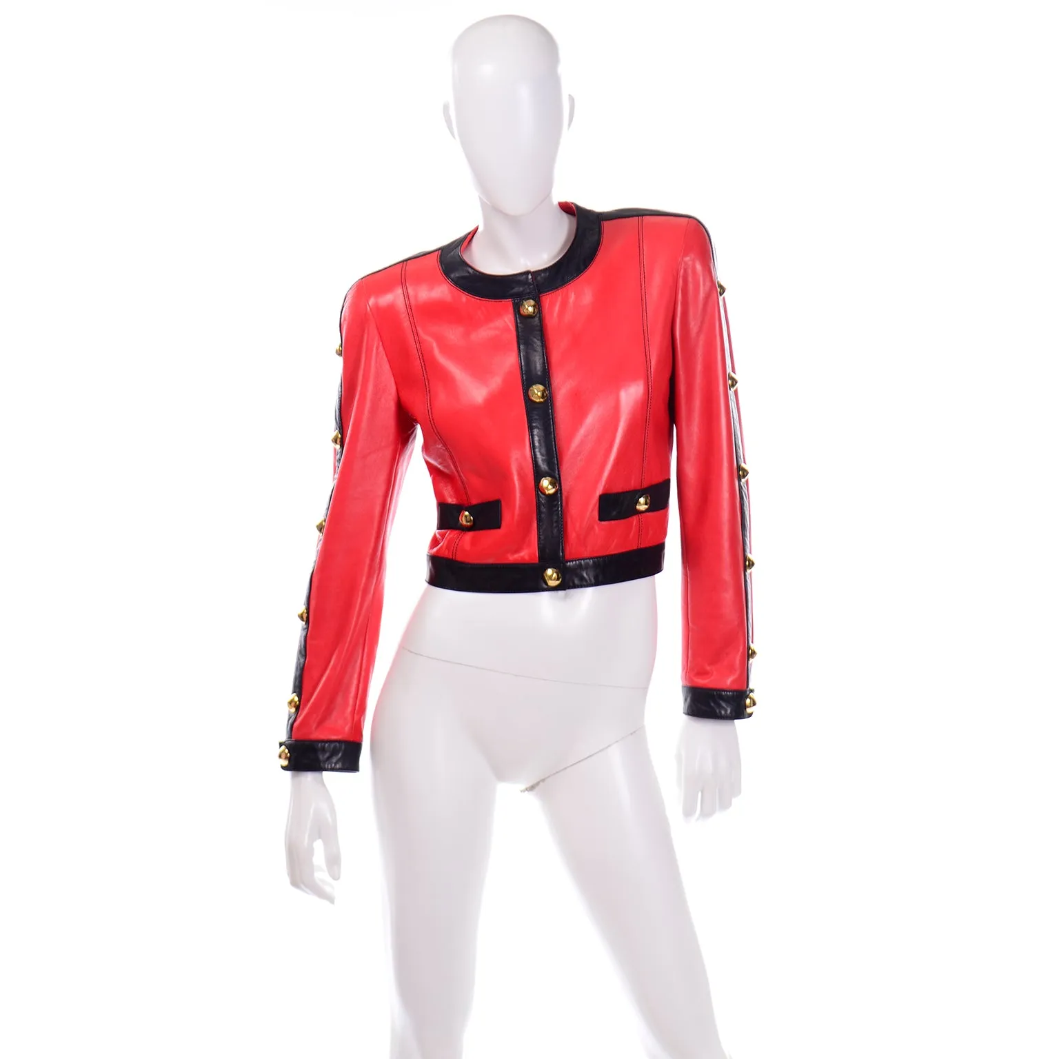 Escada by Margaretha Ley Vintage Red & Black Leather Jacket w Studs