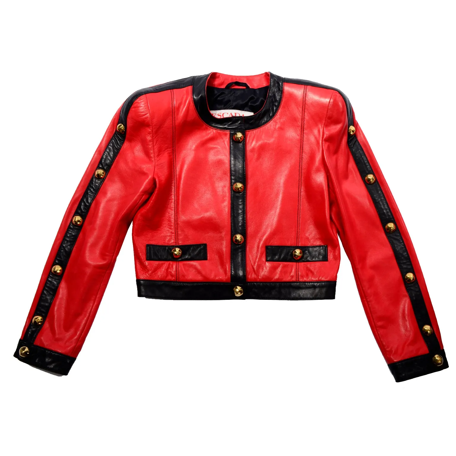 Escada by Margaretha Ley Vintage Red & Black Leather Jacket w Studs