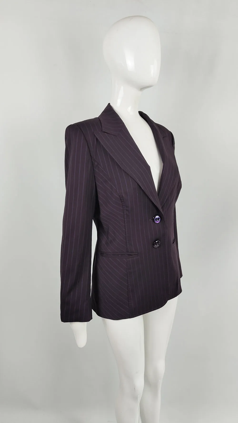 Escada Vintage Brown & Purple Virgin Wool Pinstripe Womens Blazer