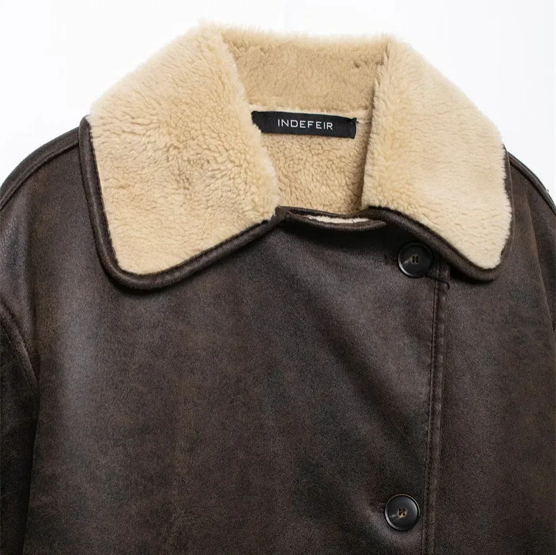 European And American Style Lapel Single Breasted Double Pocket Fur Integrated Casual Jacket