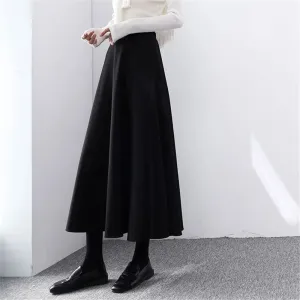 Fashionable High Waist Warm Basic Black Wool Casual Thick Chic Maxi Skirt