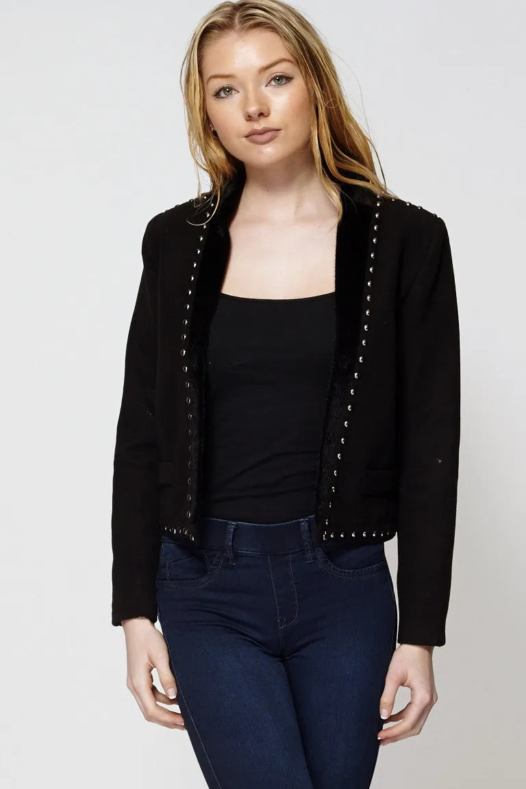 Faux Fur Trim Studded Short Fleece Jacket