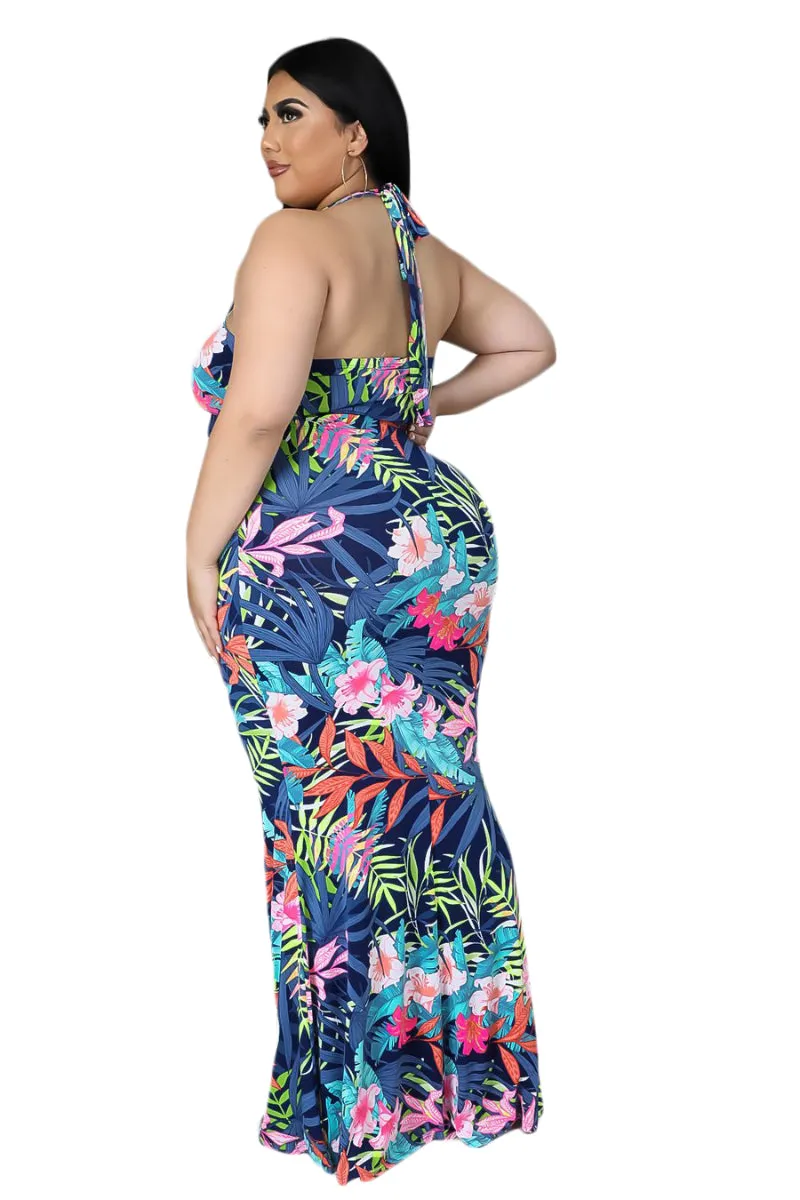 Final Sale Plus Size 2pc Halter Crop Tie Top and Maxi Skirt Set in Blue Floral Multi Color Print