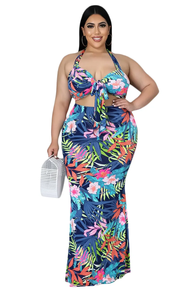 Final Sale Plus Size 2pc Halter Crop Tie Top and Maxi Skirt Set in Blue Floral Multi Color Print