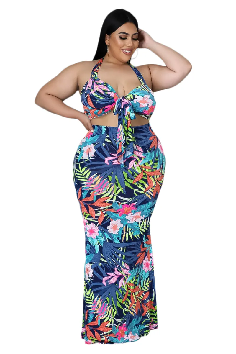 Final Sale Plus Size 2pc Halter Crop Tie Top and Maxi Skirt Set in Blue Floral Multi Color Print