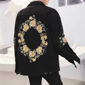 Flower Wreath Back Loose Denim Men Black Jacket