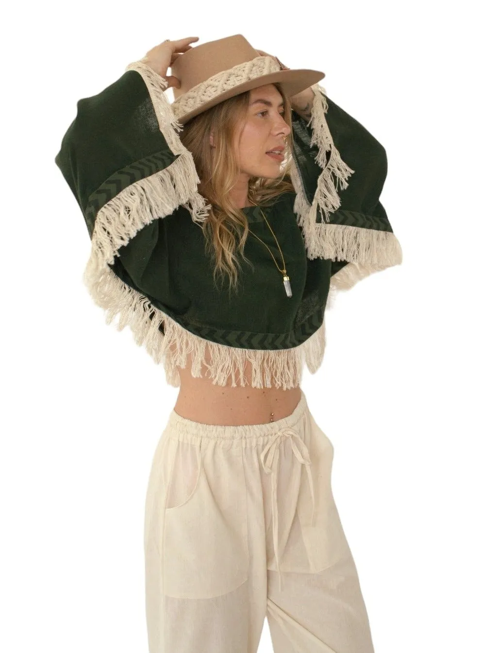 Forest Green Long Sleeve Crop Top with Fringe