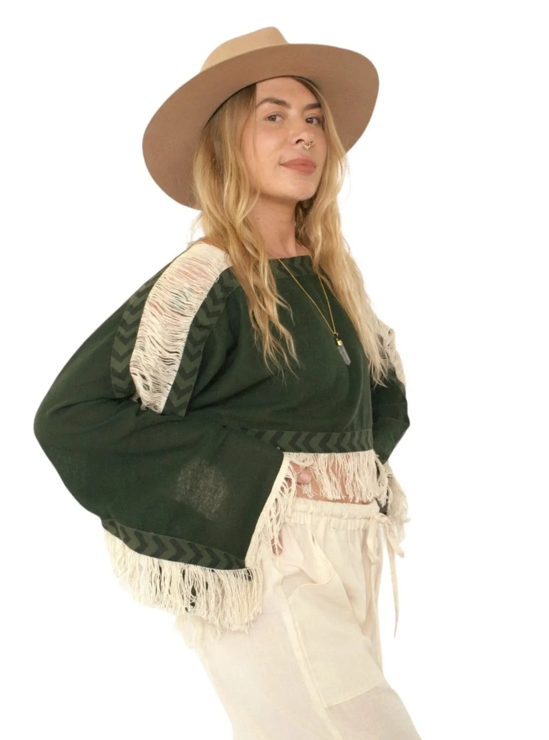 Forest Green Long Sleeve Crop Top with Fringe