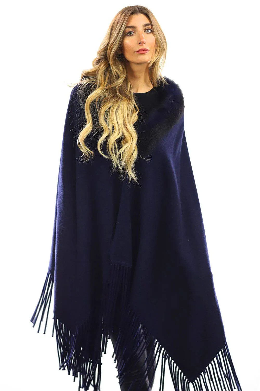 Fox Collar Wrap with Fringes - Navy