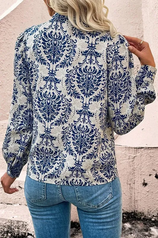 Free Spirit - Bohemian Printed Bishop Sleeve Lace Shirt