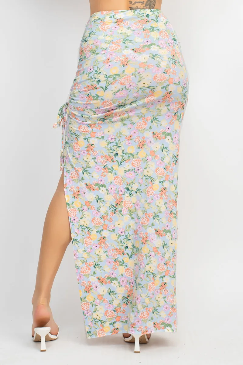 Front Knot Floral Top & Ruched Maxi Skirt Set - 5 colors - Ships from The US