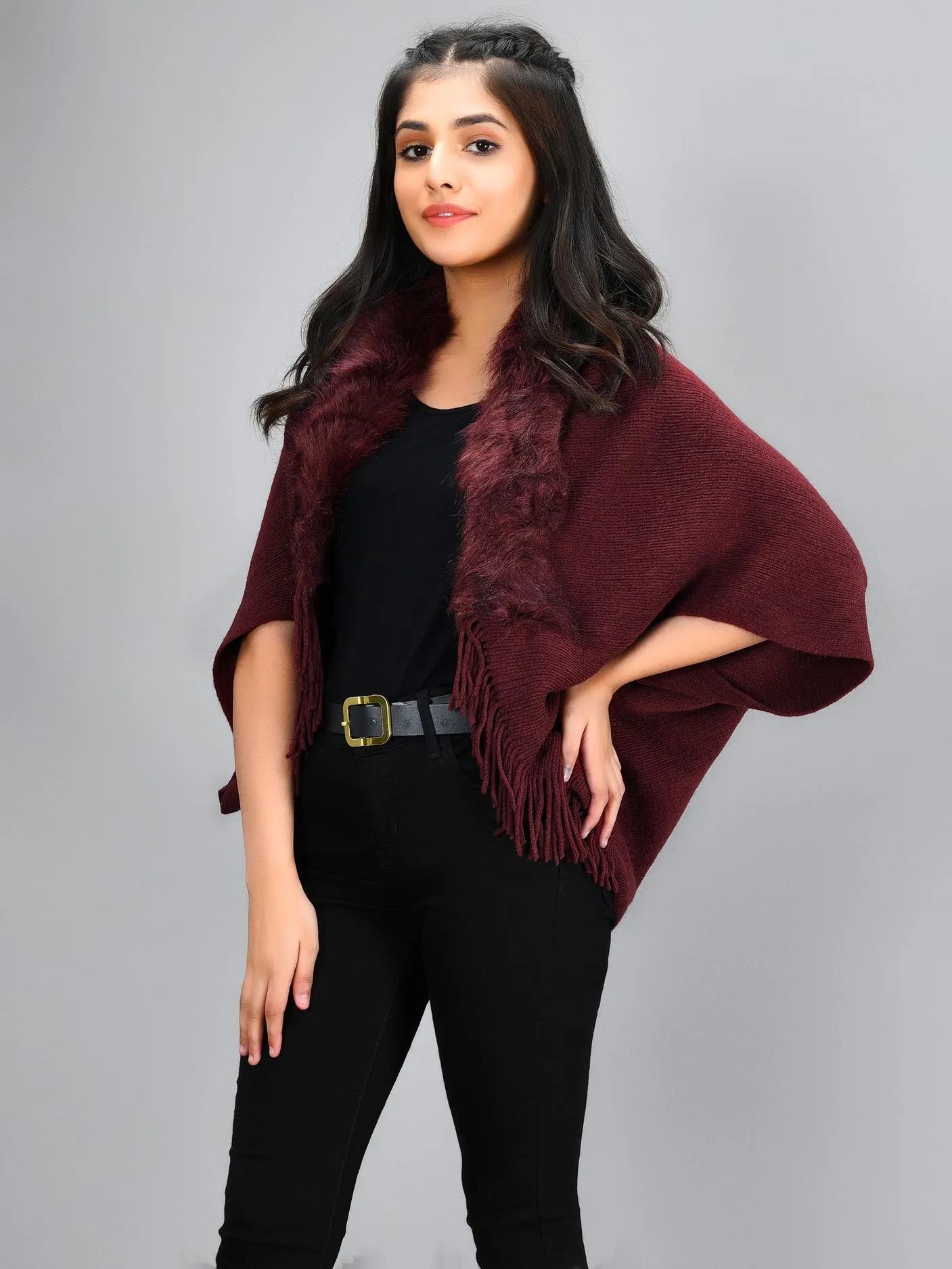 Fur Cape Shawl - Maroon