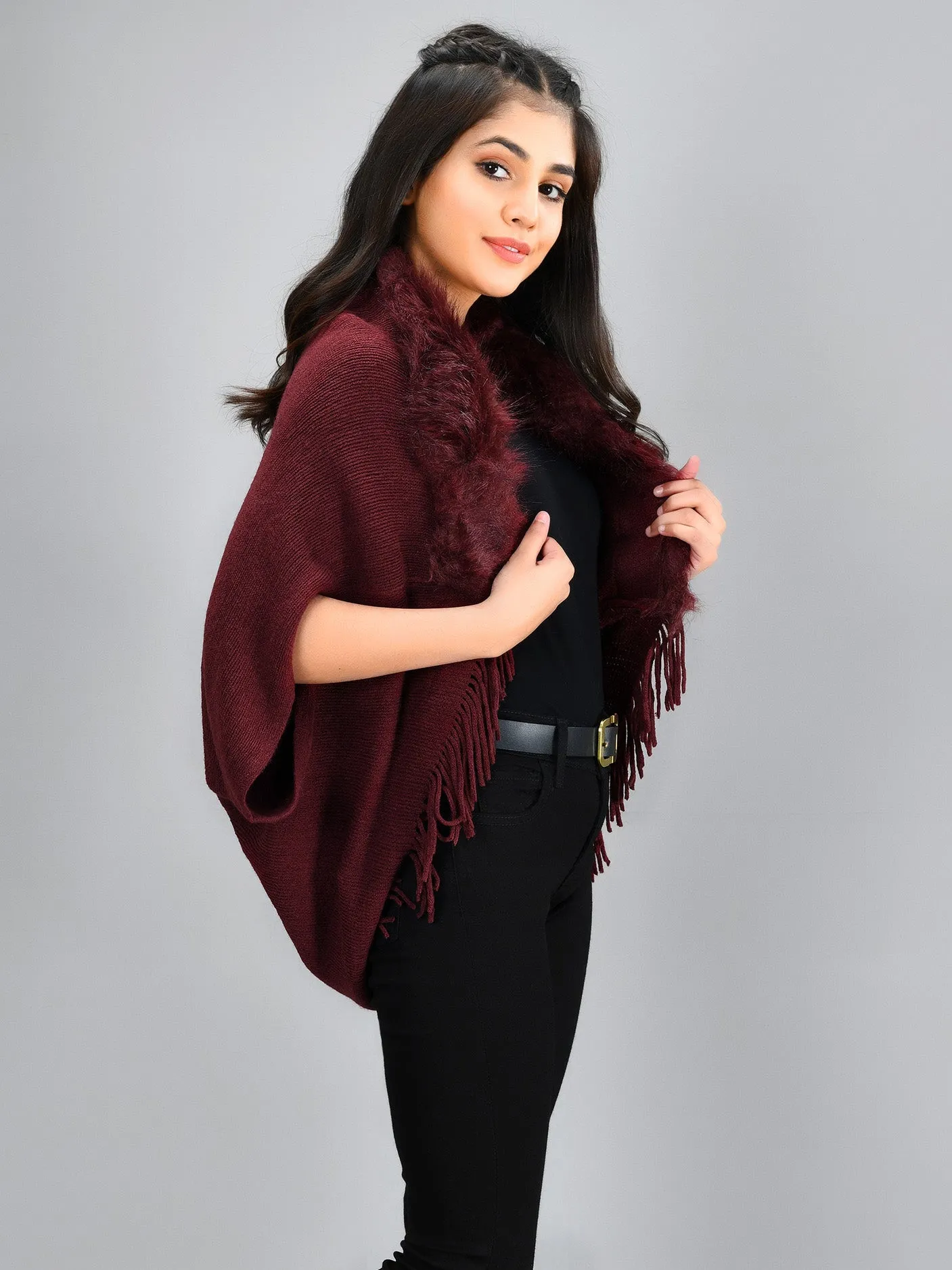 Fur Cape Shawl - Maroon