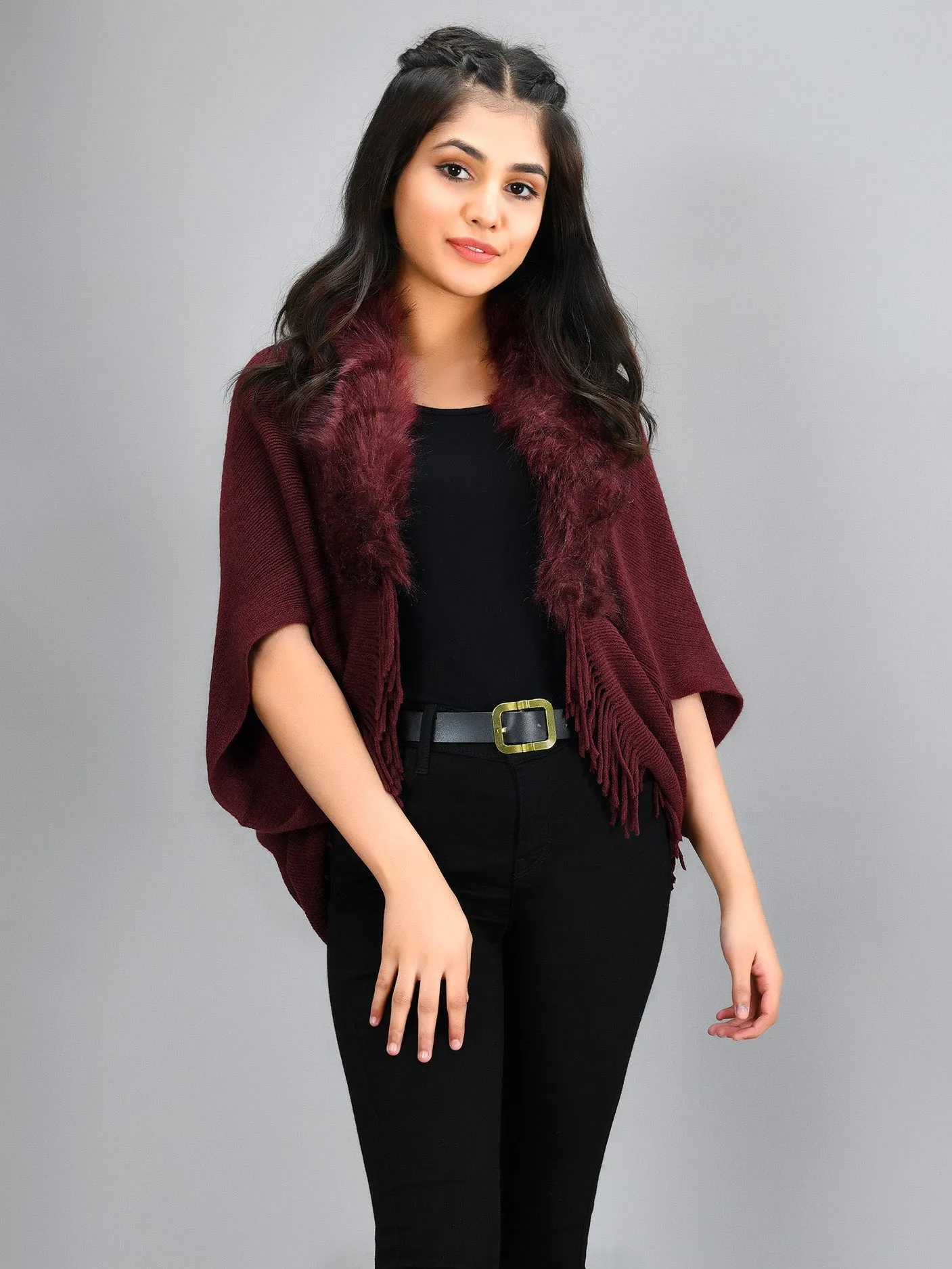 Fur Cape Shawl - Maroon