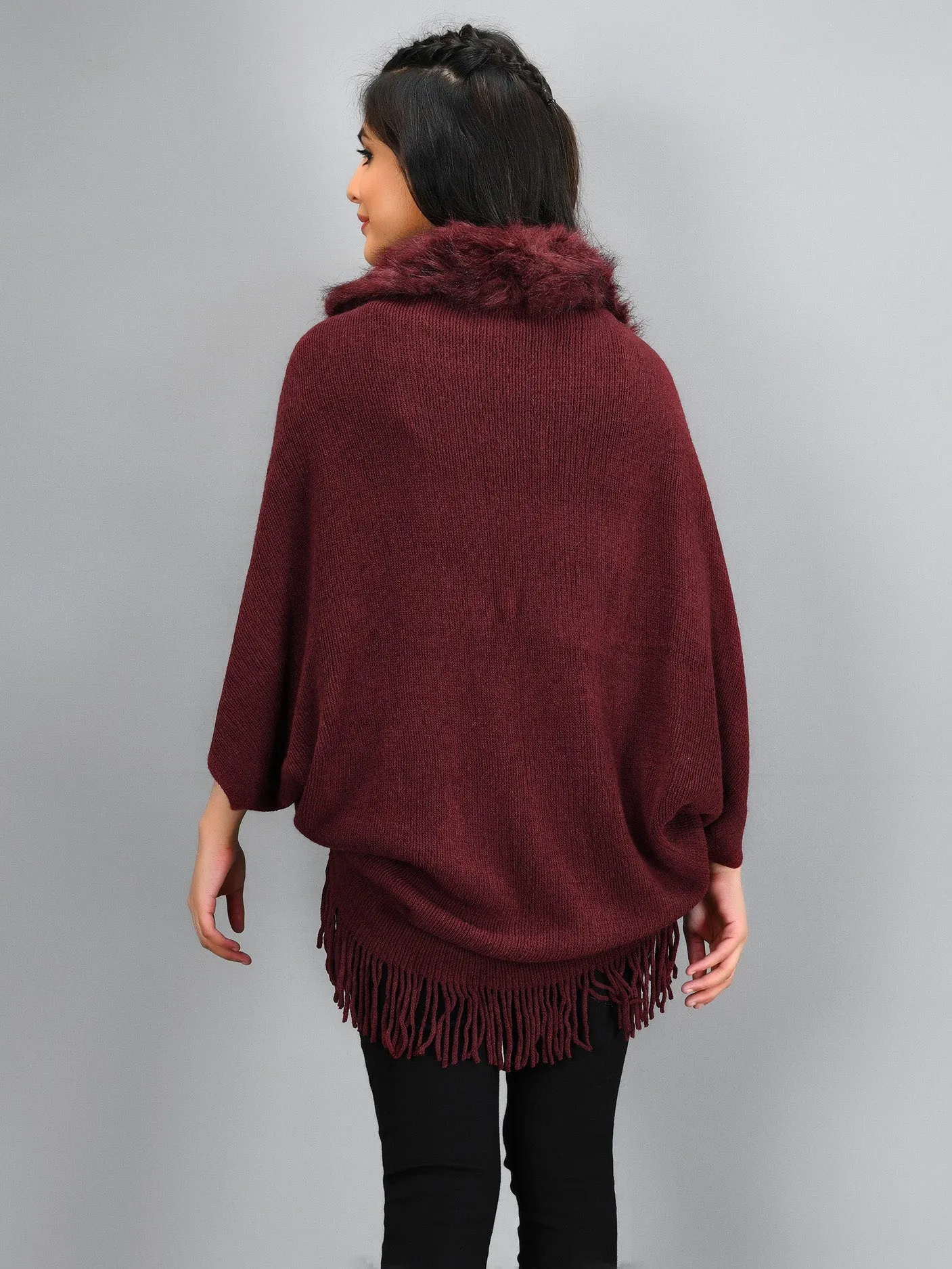 Fur Cape Shawl - Maroon