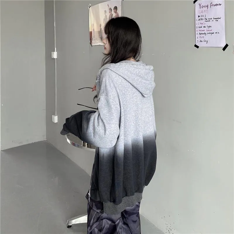 Gray White Gradient Aesthetic Oversized Zipper Hoodie