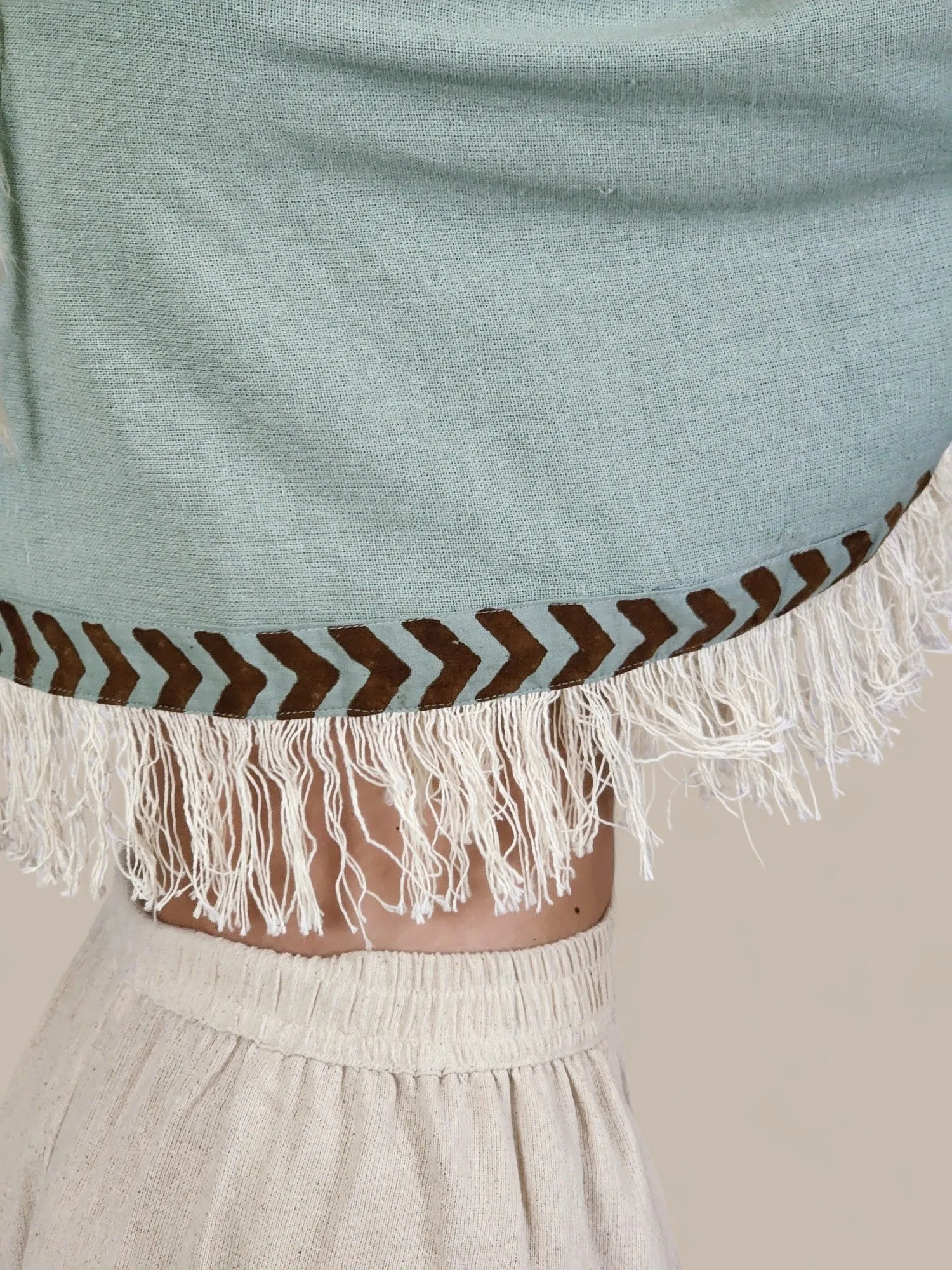 Green Sage Long Sleeve Crop Top with Fringe