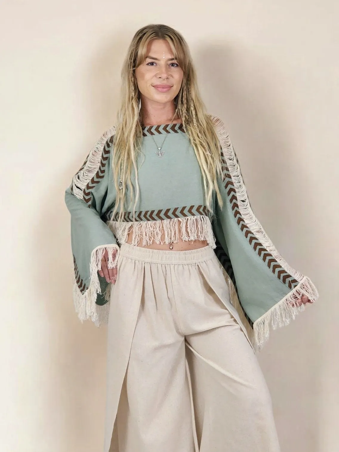 Green Sage Long Sleeve Crop Top with Fringe