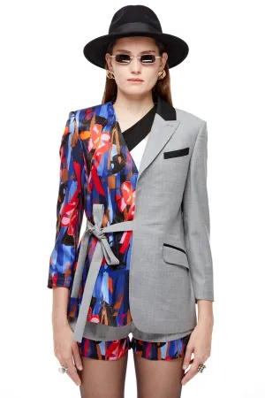 Grey Wool and Silk Graphic Printed Self Tie Blazer