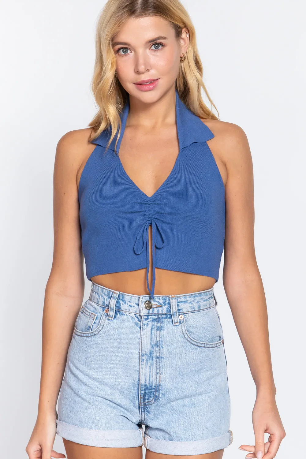 Halter Ruched Cropped Knit Top -6 colors - Ships from the US