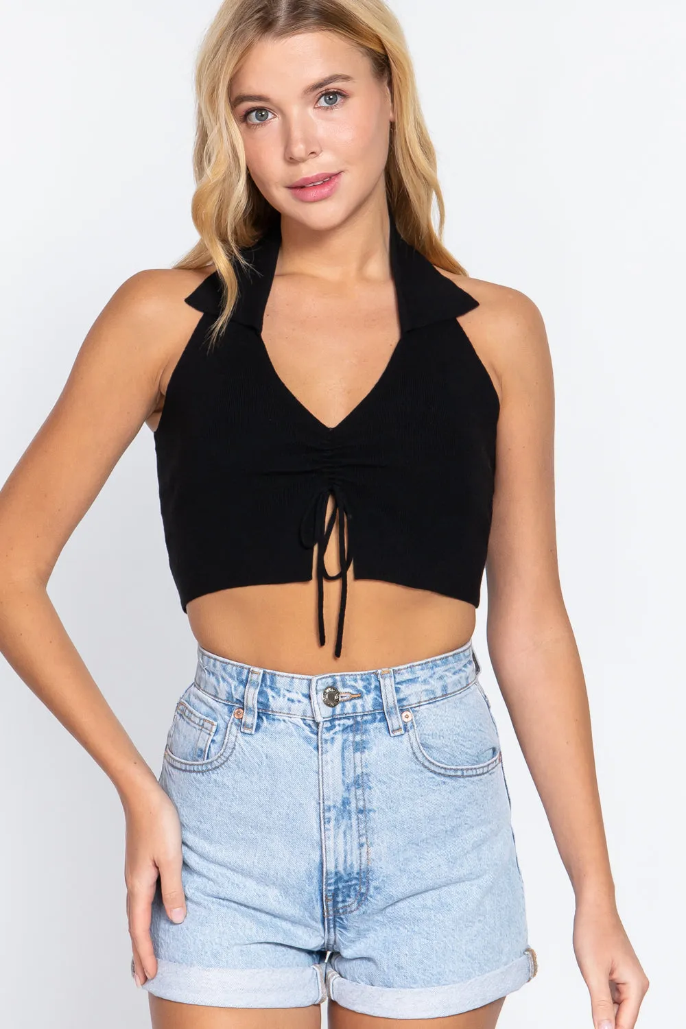 Halter Ruched Cropped Knit Top -6 colors - Ships from the US