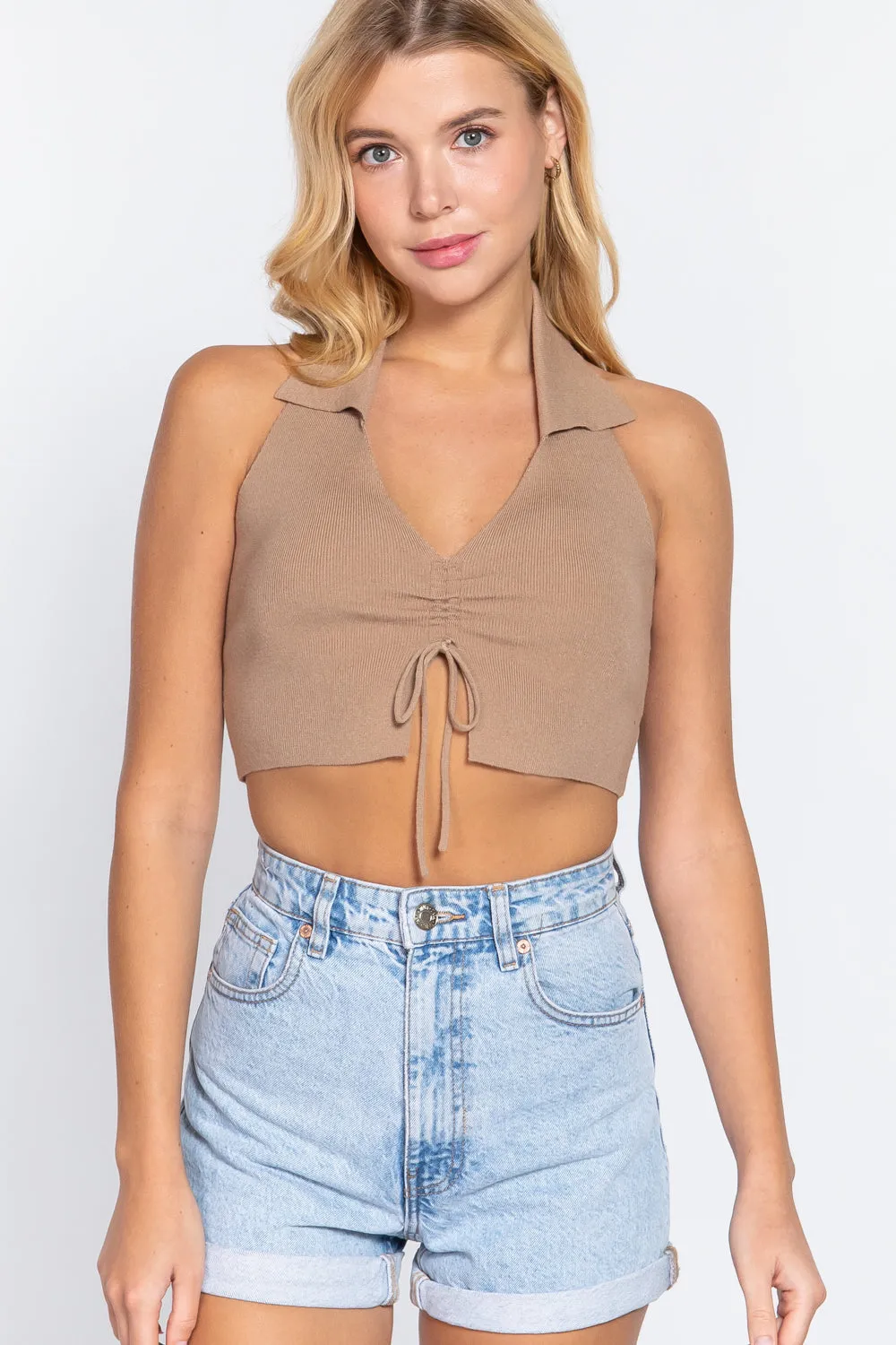 Halter Ruched Cropped Knit Top -6 colors - Ships from the US