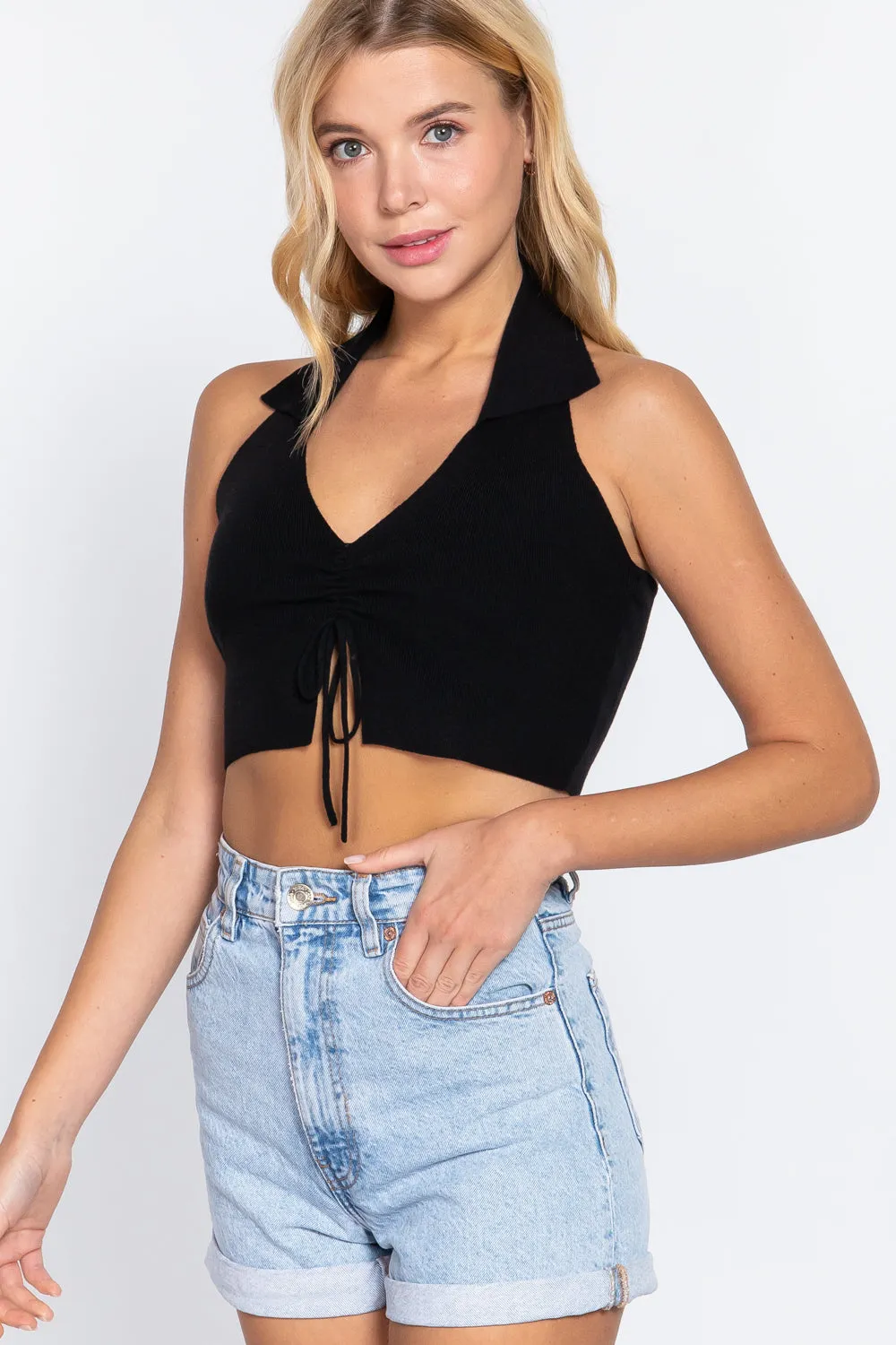 Halter Ruched Cropped Knit Top -6 colors - Ships from the US