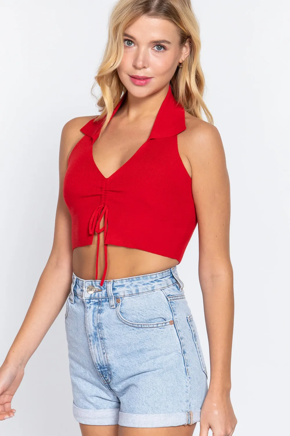 Halter Ruched Cropped Knit Top -6 colors - Ships from the US