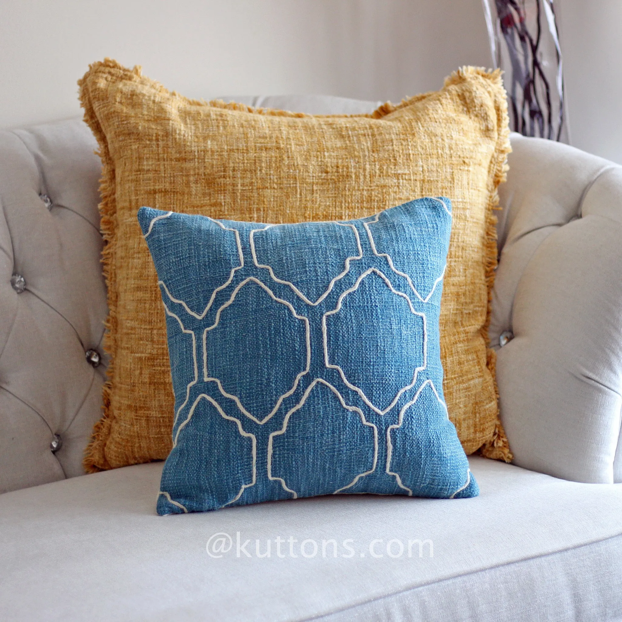 Handcrafted Jute Cotton Throw Pillow Cover - Blue Moroccan Theme Cushion, 16x16"