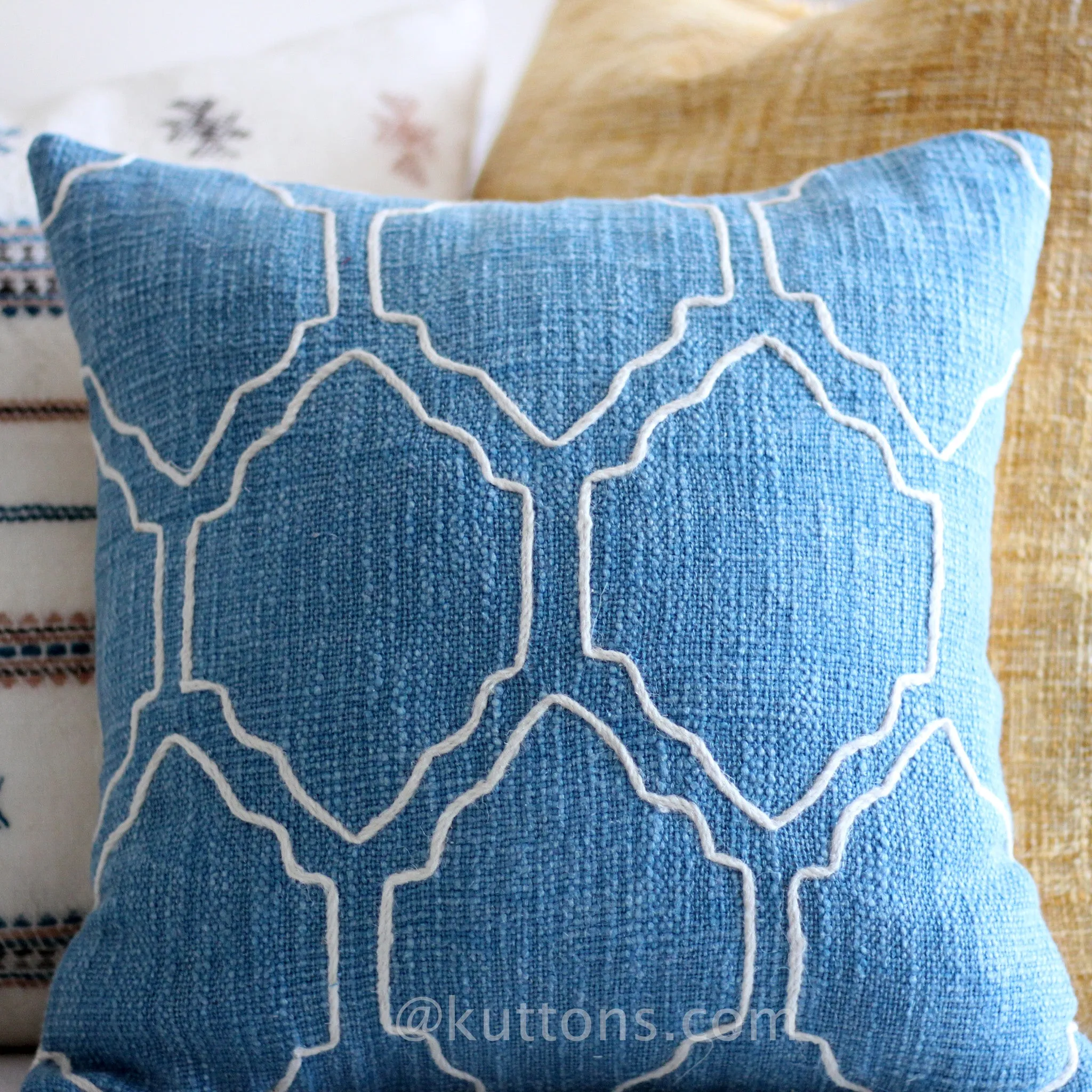 Handcrafted Jute Cotton Throw Pillow Cover - Blue Moroccan Theme Cushion, 16x16"