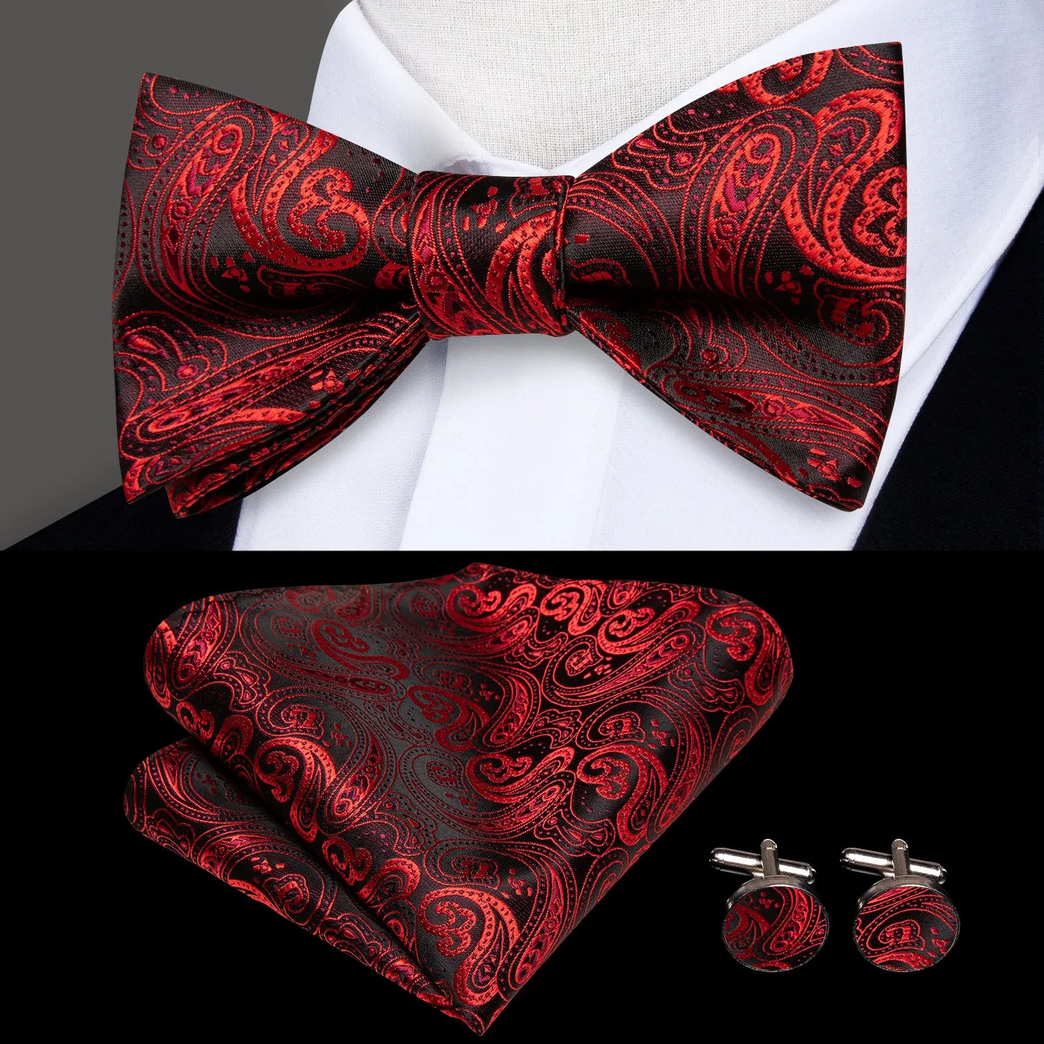 Hi-Tie Black Red Paisley Self-tied Bow Tie Pocket Square Cufflinks Set