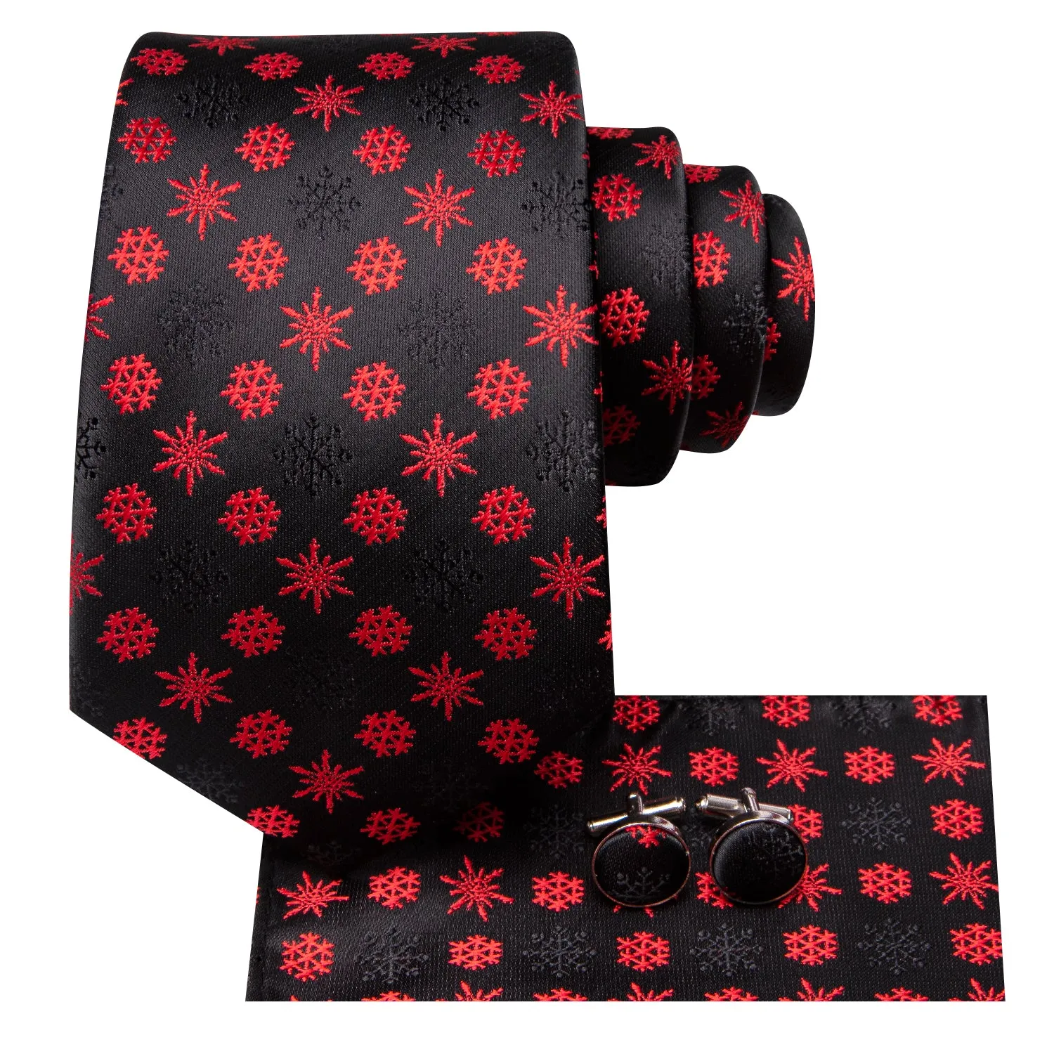 Hi-Tie Black Tie for Men Red Snowflake Neckties Hanky Cufflinks Set